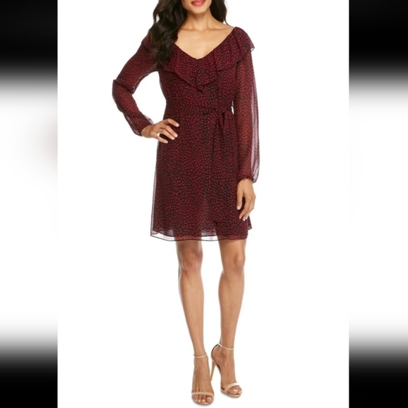 Michael Kors Red Leopard Print Ruffle Sheer Sleeve Dress Women's Size Large L - Picture 2 of 12